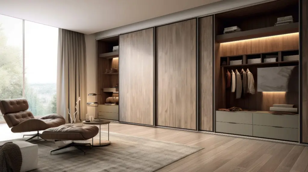 Dressing en I avec portes en noyer dijon coulissante