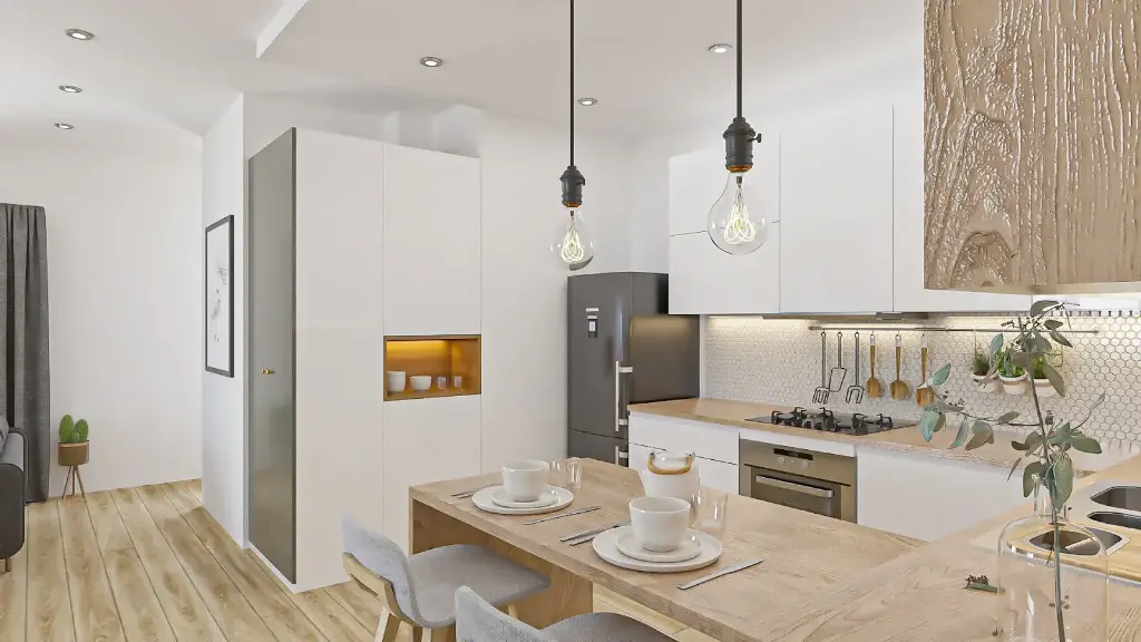 Cuisine en U – Finition blanche mate, avec un plan de travail en bois massif.