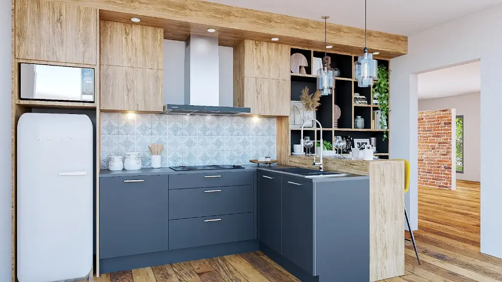 Cuisine en U – En teck, avec un plan de travail en quartz.