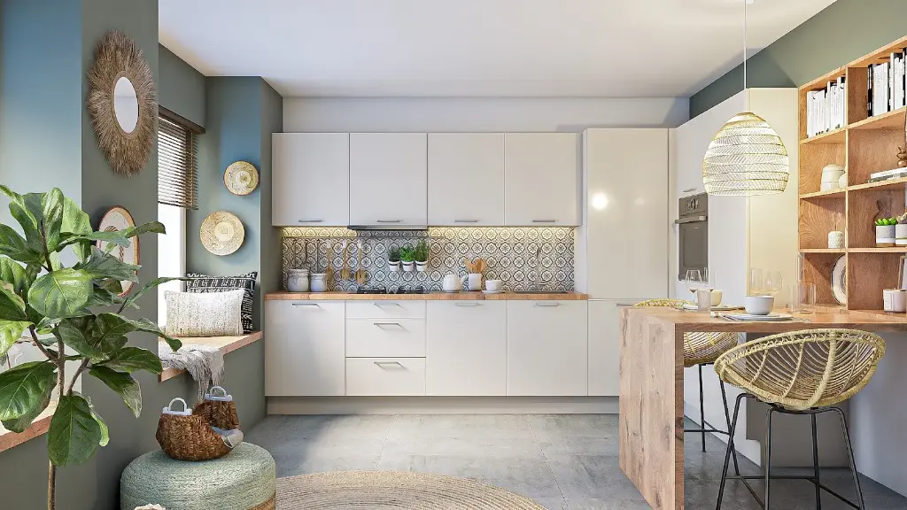 Cuisine en L – Finition blanche brillante, avec un plan de travail en bois massif.