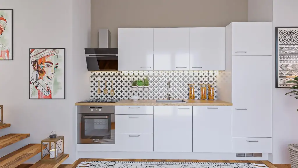 Cuisine en I – Finition blanche mate, avec un plan de travail en bois massif.