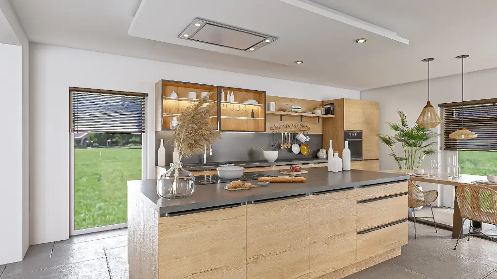 Cuisine avec îlot central – En hêtre Willow, avec un plan de travail en granit.