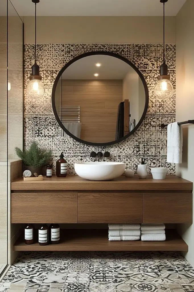 Salle de bain rustique moderne avec meuble en bois et miroir rond