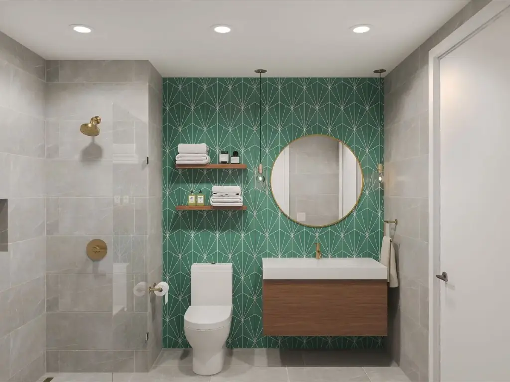 Salle de bain contemporaine avec mur vert géométrique et accents dorés