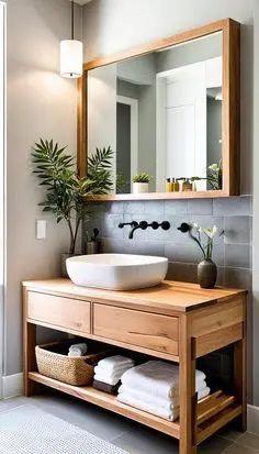 Salle de bain naturelle avec meuble en bois massif et vasque moderne
