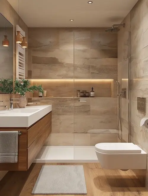 Salle de bain chaleureuse avec douche à l’italienne et éclairage intégré