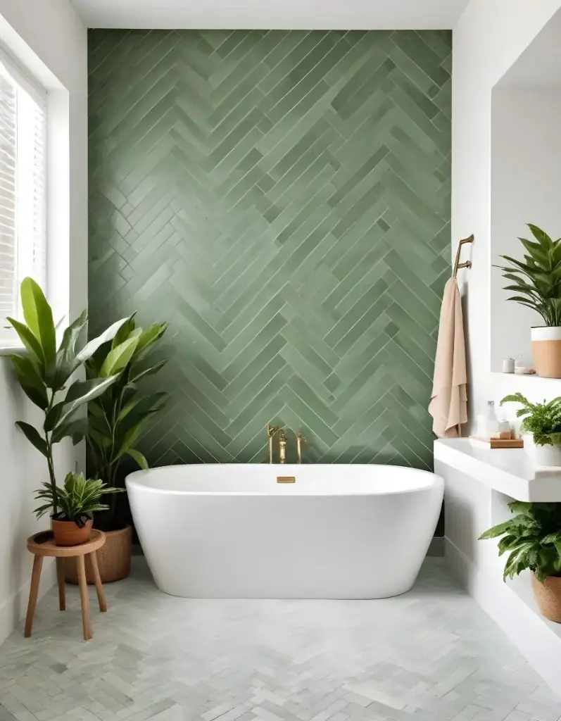 Salle de bain spa avec mur en chevrons vert et plantes luxuriantes