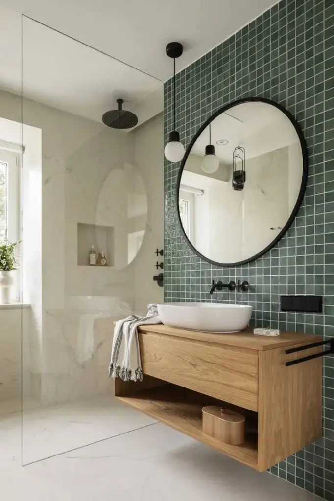 Salle de bain moderne avec mur en carreaux verts et meuble en chêne