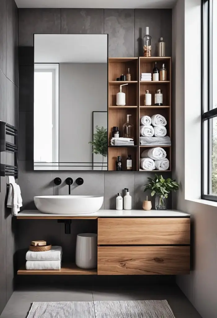 Salle de bain contemporaine avec rangement en bois massif et accents noirs
