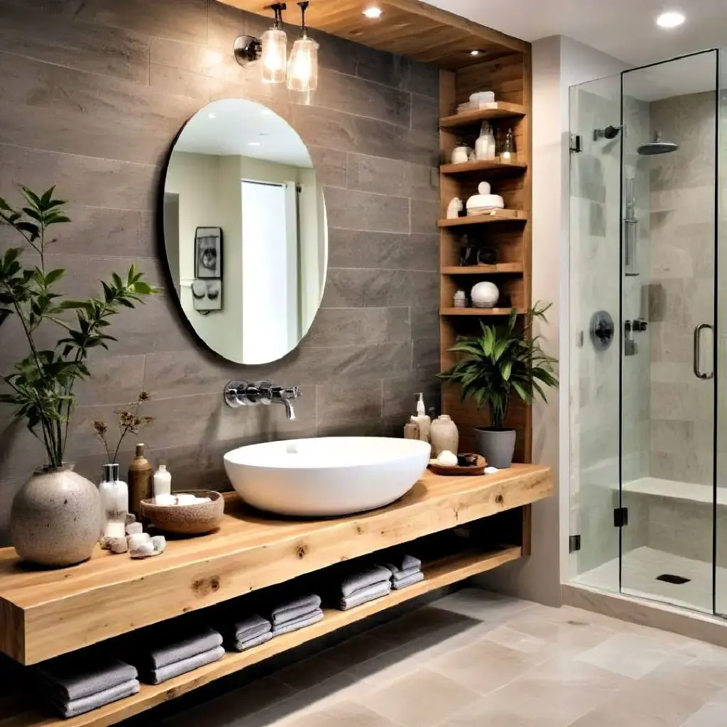 Salle de bain rustique moderne avec étagères en bois massif et douche en verre