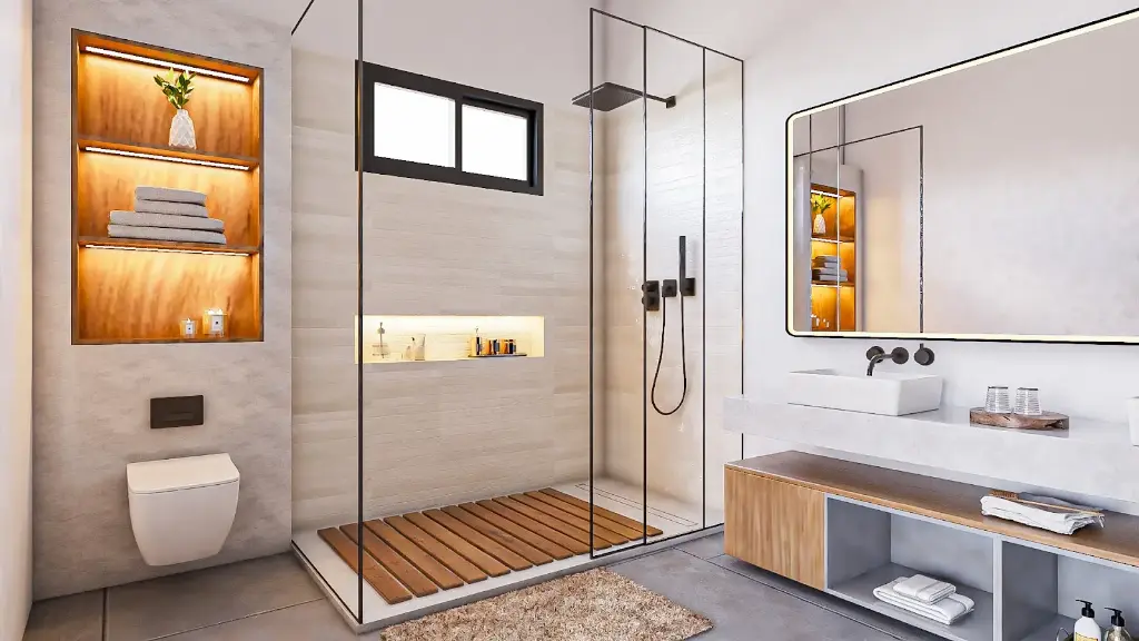 Salle de bain contemporaine avec douche à l’italienne et niches rétroéclairées