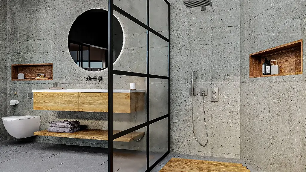 Salle de bain industrielle avec murs en béton et verrière noire
