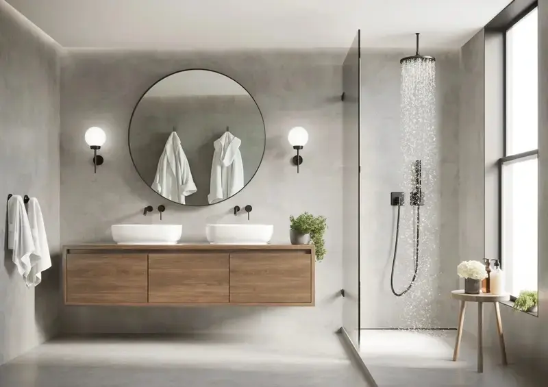 Salle de bain minimaliste avec douche effet pluie et meuble flottant en bois