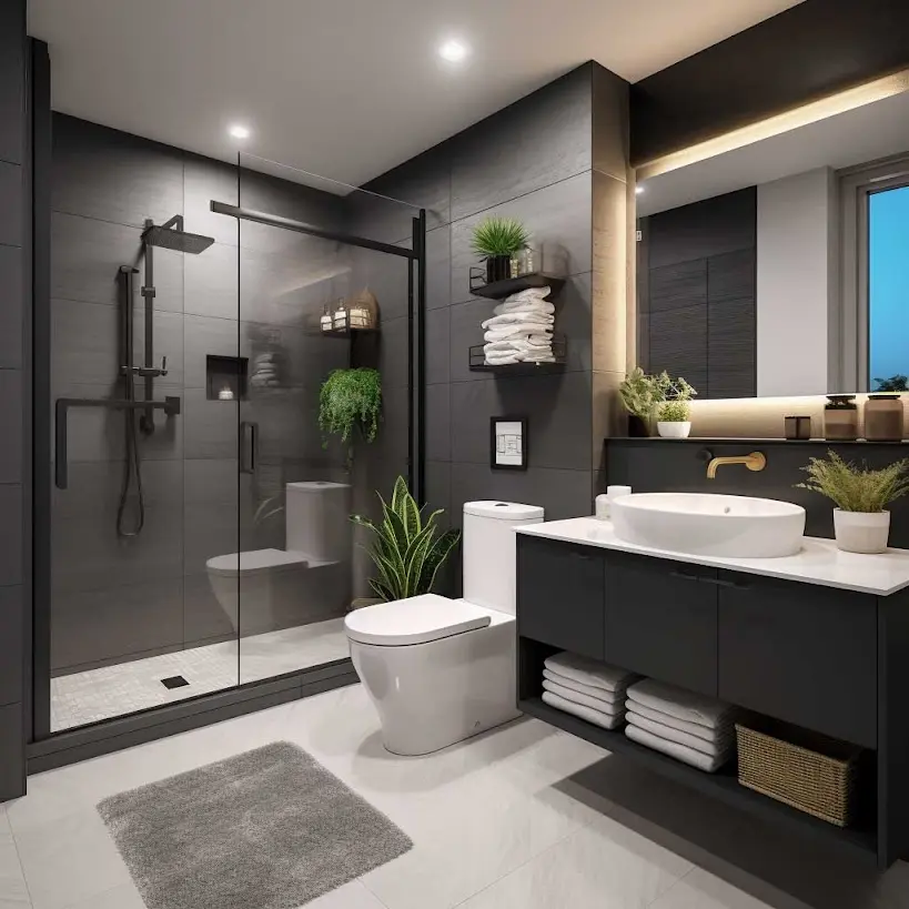 Salle de bain moderne avec design noir et accents végétaux