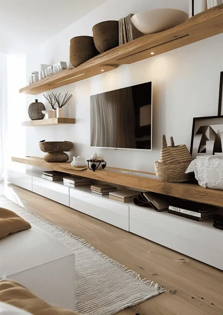 Meuble TV moderne en bois naturel et blanc avec étagères flottantes