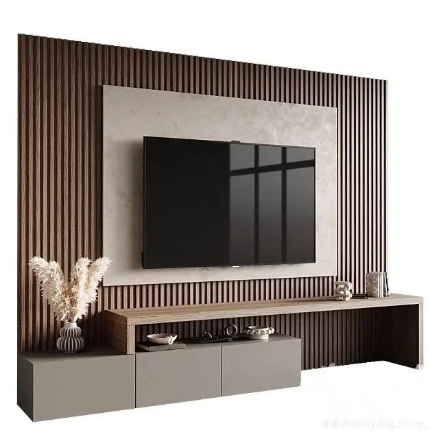 Meuble TV moderne avec finition bois nervuré et éléments en béton