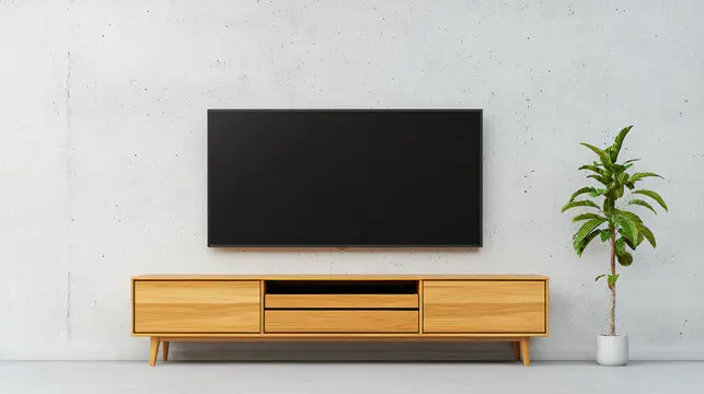 Meuble TV minimaliste en bois clair sur fond en béton