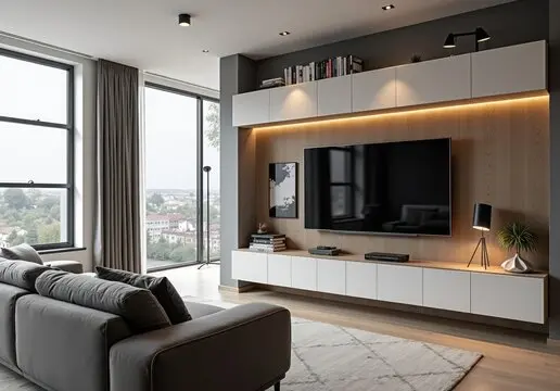Meuble TV suspendu avec éclairage LED et rangement intégré