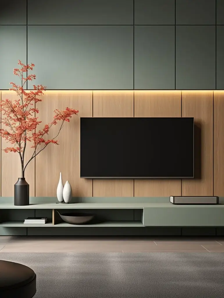 Meuble TV moderne en vert sauge et bois avec éclairage d’ambiance