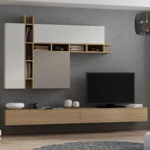 Meuble TV suspendu en bois et blanc avec étagères modulables