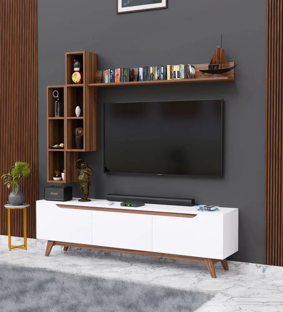 Meuble TV scandinave en blanc et bois avec étagères murales
