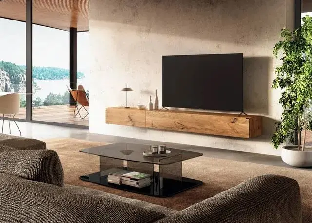 Meuble TV flottant en bois massif au design épuré