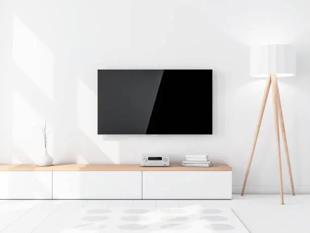 Meuble TV minimaliste en blanc et bois avec ambiance lumineuse