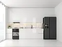 Cuisine en I – Finition blanche brillante, avec un plan de travail en quartz.