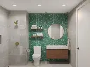 Salle de bain contemporaine avec mur vert géométrique et accents dorés