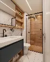 Salle de bain moderne avec douche en bois et finitions en quartz