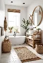 Salle de bain bohème avec accents en rotin et baignoire autoportante