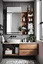 Salle de bain contemporaine avec rangement en bois massif et accents noirs