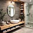 Salle de bain rustique moderne avec étagères en bois massif et douche en verre
