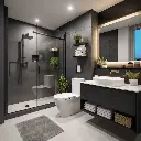 Salle de bain moderne avec design noir et accents végétaux
