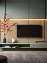 Meuble TV moderne en vert sauge et bois avec éclairage d’ambiance