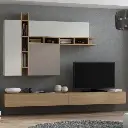 Meuble TV suspendu en bois et blanc avec étagères modulables