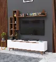 Meuble TV scandinave en blanc et bois avec étagères murales