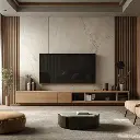 Meuble TV en bois avec mur en marbre et accents contemporains
